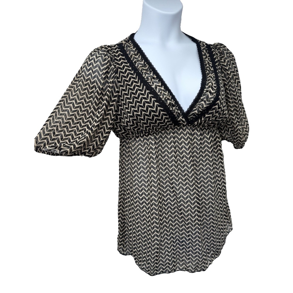 Charlotte Russe Black Beige Chevron Y2K babydoll top lace puff sleeve Sheer NWT‎